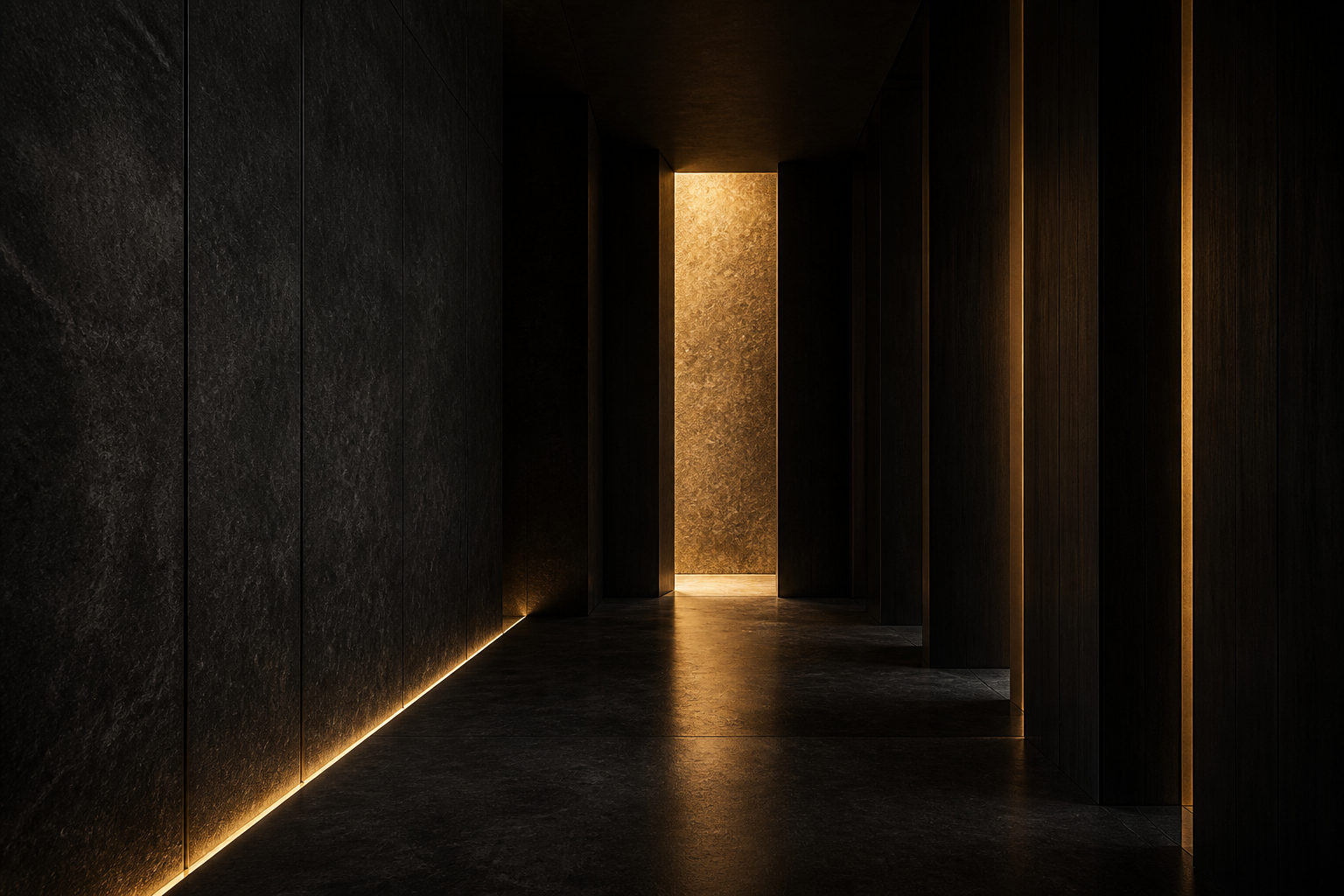 Minimal dark corridor with warm gold light